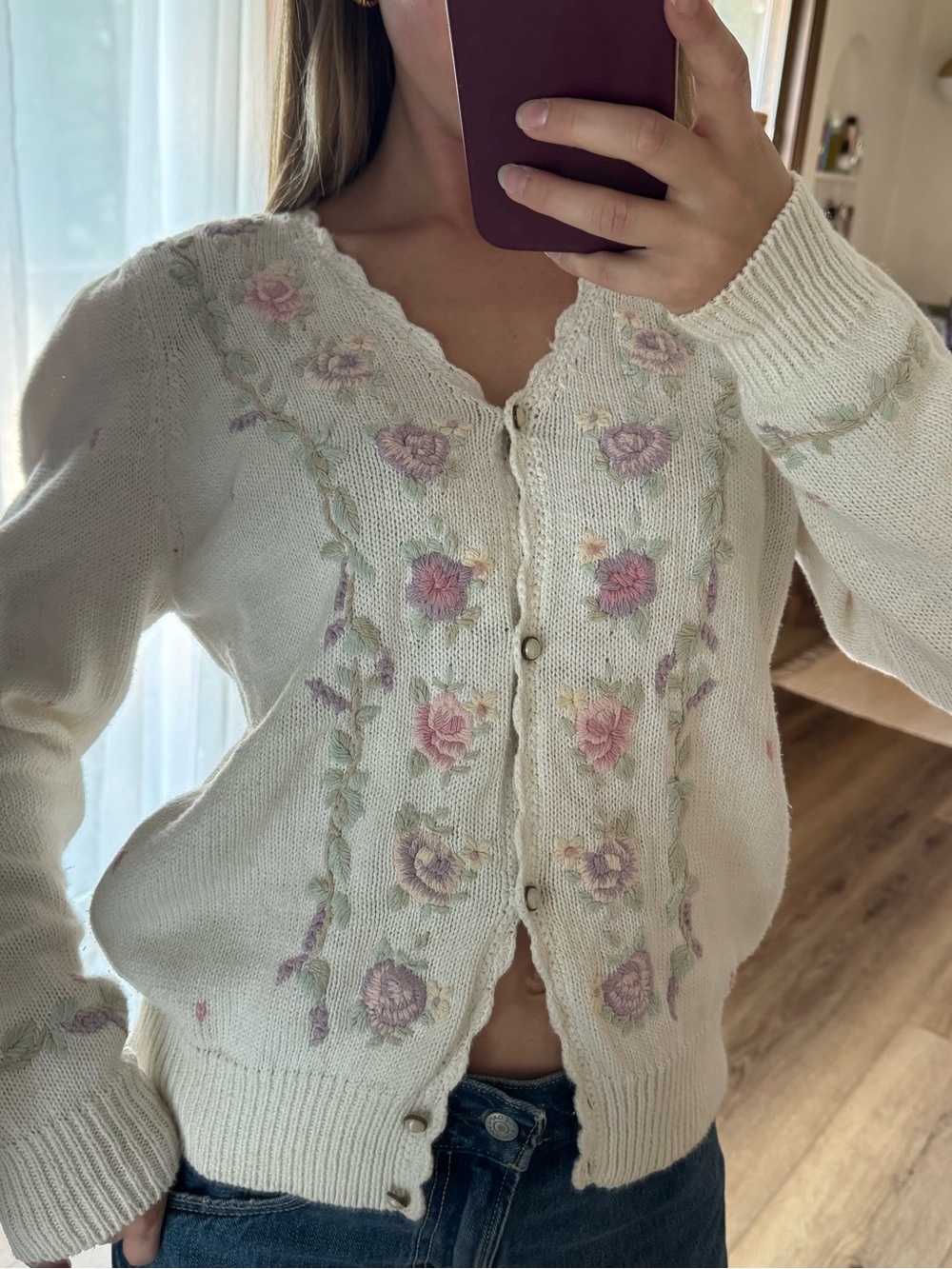 Vintage cream cardigan with floral embroidery